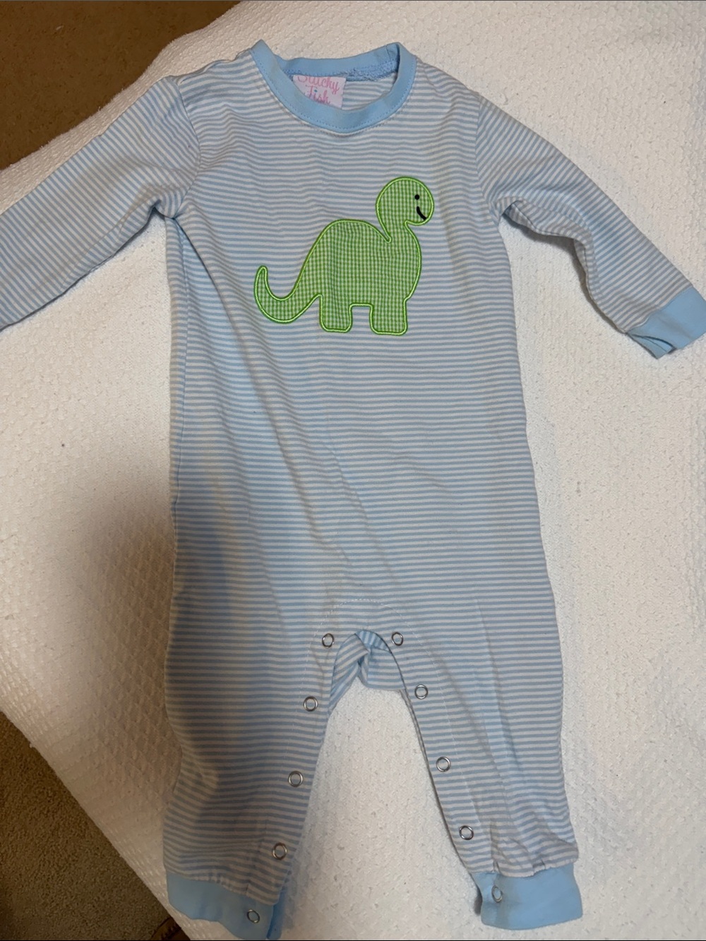 Light Blue Striped Dino Footie with Green Applique